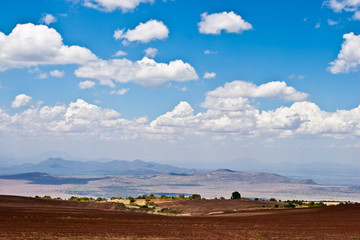 Landscape of farmland and hills