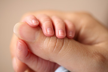 Newborn baby grasps his mother's hand