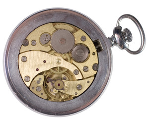 Closeup of an old watch mechanism (isolated on white)