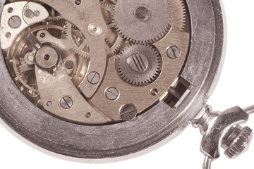 Closeup of an old watch mechanism (isolated on white)