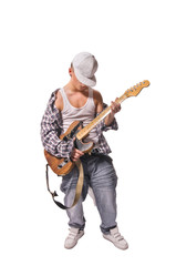 Cool young guitarist on white background