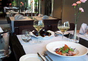 Served dinner in modern restaurant