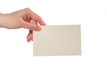 Hand holding a paper card (isolated on white)