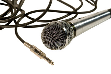 Microphone with cables and a plug (isolated on white)