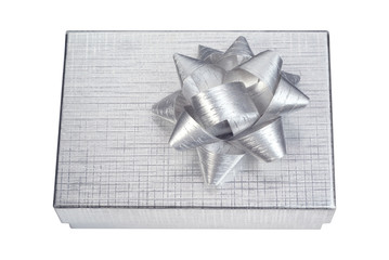 silver box with silver bow  on white background
