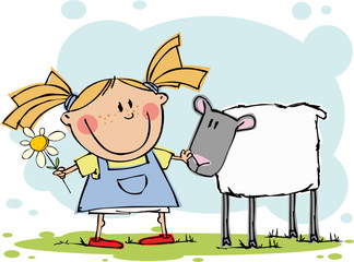 Funny girl with flower and sheep