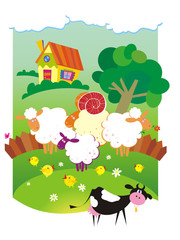 Rural landscape with farm animals. Vector illustration.