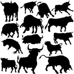 Bull Set Silhouettes 1 - black hand drawn illustration