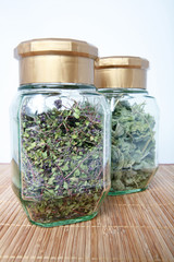 Green tea thyme in a glass jar