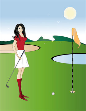 Sun day. A beautiful girl plays golf