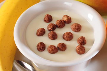 Chocolate cereal on yogurt