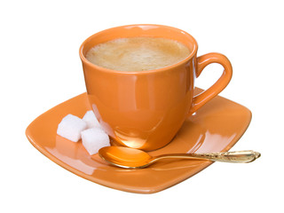 noggin coffee with foam, sugar and tea-spoon