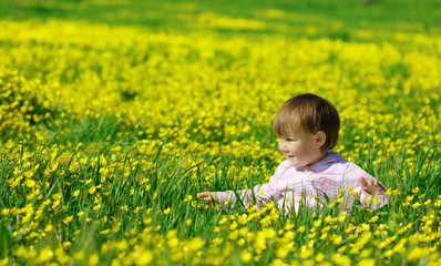 Cute child play on meadow