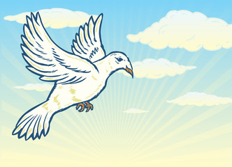 Dove in flight against a bright blue sky illustration