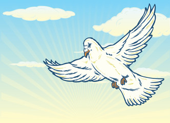 Dove in flight against a bright blue sky illustration