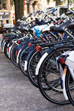 Bicycles parked in a row next to the road
