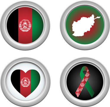 Afghanistan Buttons with ribbon, heart, map and flag