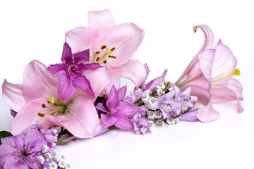 garland of delicate lilac flowers clematis and pink lilies