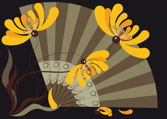 Three yellow chrysanthemums and fan on a black background
