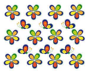 Multi-colored stylized flowers and butterflies