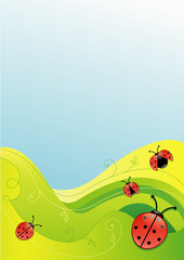 Green and blue enviromental background with ladybugs