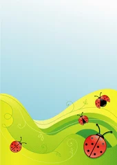 Poster Groene en blauwe omgevingsachtergrond met lieveheersbeestjes © mlaura