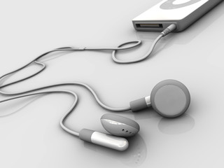 Music player with headphones on reflection background