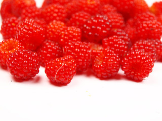 Raspberries on a white background