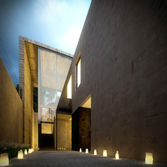 Modern concrete minimalist villa at dusk