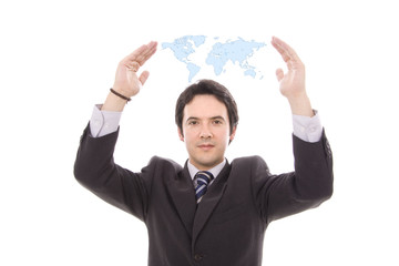 business man shows world map isolated on white