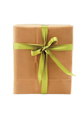 holiday, gift box wrapped in brown paper and green ribbon