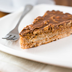 Close up of delicious chocolate cake with nuts