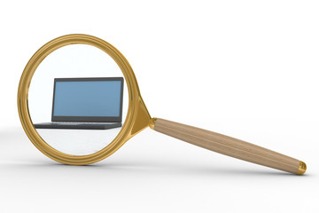 Magnifier and laptop on white background. Isolated 3D image