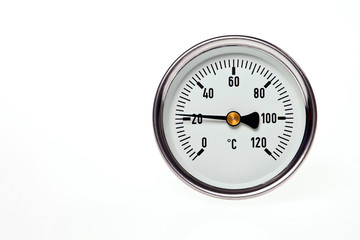 A circular thermometer on a white background.