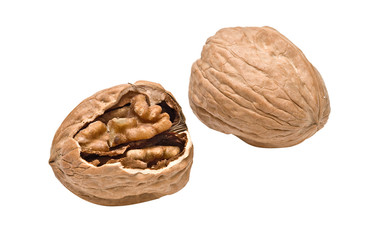 Cracked walnut isolated on white background