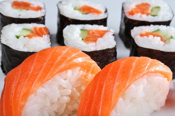 Set of sushi and rolls with a salmon