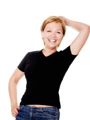 smiling blond woman over white background