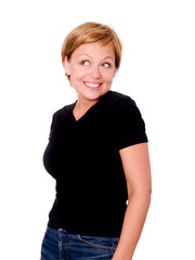 smiling blond woman over white background