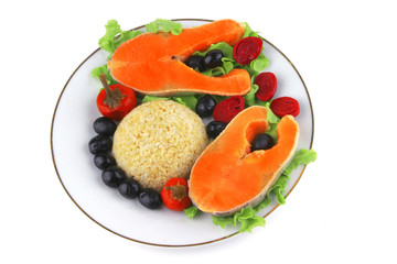 two salmon steak on white dish