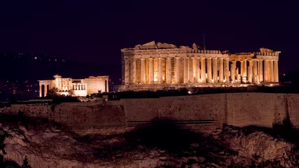 Outdoor kussens view of Acropolis and Parthenon by night © ollirg