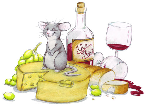 Maus, K&auml;se, Wein, Weintrauben, Baguette