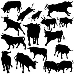 Bull Set Silhouettes 3 - black hand drawn illustration