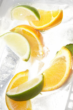 leaf mint and cut citrus in ice