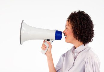 Businesswoman speaking through a megaphone