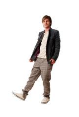 a young man poses. isolated on a white background