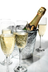 Champagne flutes and ice bucket