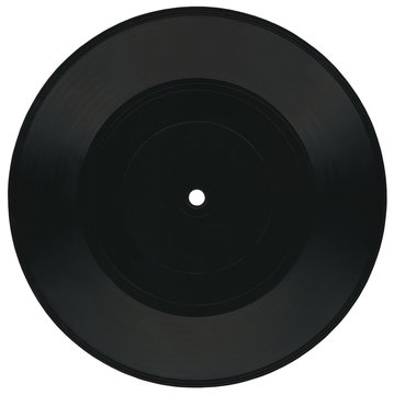 Vintage Vinyl 33rpm record, black label, clipping path closeup, plastic material isolated on white background,  retro disco music entertainment