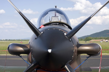 Front view of the military propeller plane Pilatus.