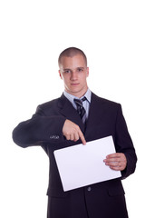 businessman showing a white card