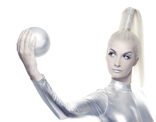 Obraz na płótnie Canvas Beautiful cyber woman with silver ball